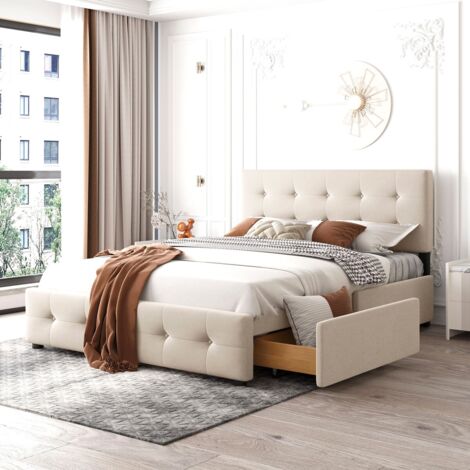 Lit double 140x200 velours beige, avec tiroirs de rangement, sommier à lattes et dossier (sans Matelas) (1/5)