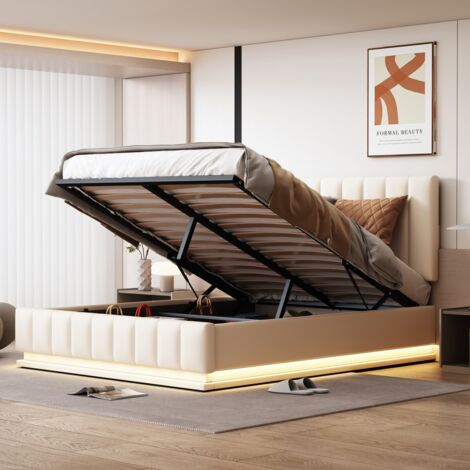 Lit double 140x200 rembourré, tête réglable + rangement hydraulique, LED, sommier lattes inclus, coffre métal, blanc (sans matelas) (1/5)