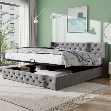 Lit double 160x200 coffre hydraulique tête oreille rembourrée flanelle gris à rivets molleton anti-salissures (sans Matelas) (1/5)