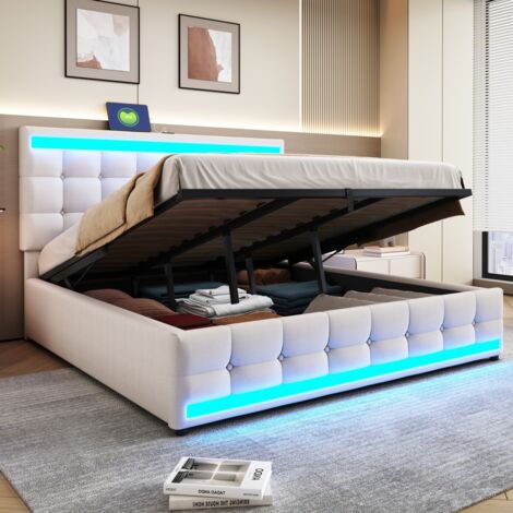 Lit Double 180x200, bande LED, rangement hydraulique, ports USB, structure lin beige (sans Matelas) (1/5)