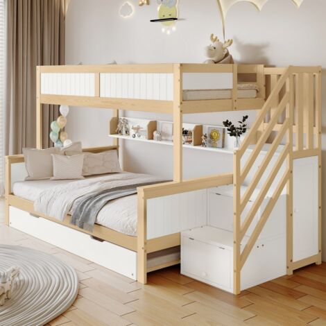 Lit superposé modulable 3 positions Avec lit gigogne et armoire Escalier d'angle sécurisé Blanc/Naturel 90x200&90x190&120200cm (sans Matelas) (1/5)