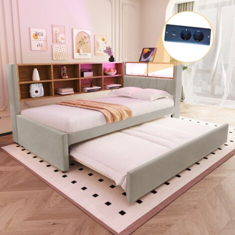 Canapé-lit simple 90x200 avec rangements et lit gigogne 90x190 intégré. Multifonction, LED, prises, flanelle gris clair (sans Matelas)