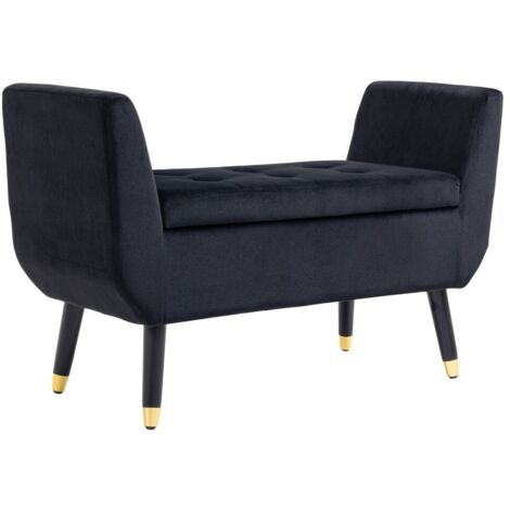 Banc Salon avec Rangement Accoudoirs Rembourrés Velours Polyester Structure Bois Caoutchouc Noir 107x42x65cm pour Entrée (1/5)
