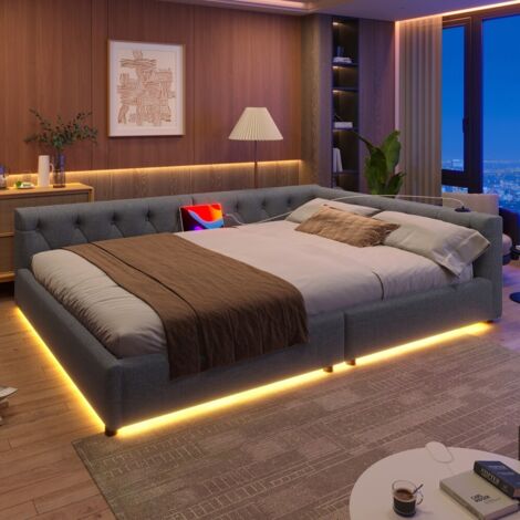 Canapé-lit méridienne 140x200 en lin naturel – Éclairage LED multicolore – Ports USB et Type-C – Tête capitonnée élégante