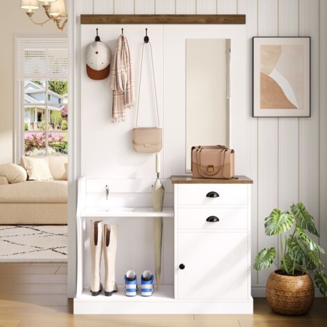 Ensemble meuble entrée miroir-6 crochets-3 tiroirs-porte parapluies-bois blanc-L80xP35xH180cm