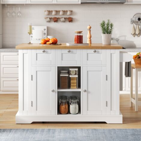 Desserte de cuisine mobile 132 cm - Plan pliable - ArmoireDesserte cuisine 132cm - Plan pliable, armoire avec tiroir, étagère à épices et prise intégrée multifonction - Tiroir - Étagère à épices - Pri