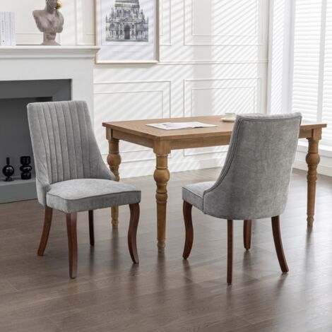 Chaise salle à manger rembourrée - 2 pièces - Lin et rayon floqués gris, pieds bois courbé (1/5)