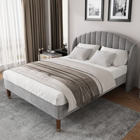 Lit double capitonné 160x200 velours gris, avec sommier à lattes inclus, tête de lit, pour adulte et ado, facile(sans Matelas) (1/5)