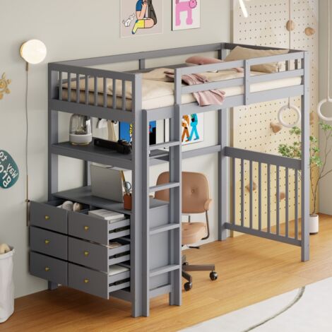 Lit mezzanine sécurisé 90x200 en pin. Avec tiroirs, étagères, échelle et sommier à lattes. it simple en boi,gris (sans Matelas) (1/5)