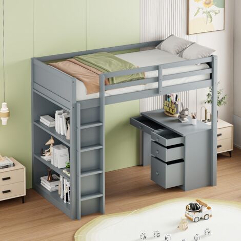 Lit mezzanine enfant 90x200 gris avec bureau et rangements. Lit multifonctionnel en bois pour chambre d'enfant (sans Matelas)