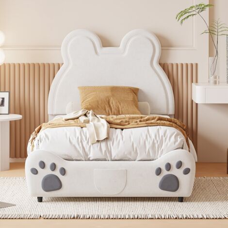 Lit enfant 90x200 cm en ours blanc capitonné - Structure une place en velours doux, design original et réconfortant (sans Matelas) (1/5)
