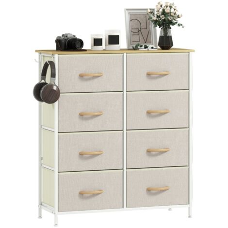 Commode 8 tiroirs en tissu avec structure acier - Plateau en bois - 4 sacs et 2 crochets - Coloris beige (1/5)