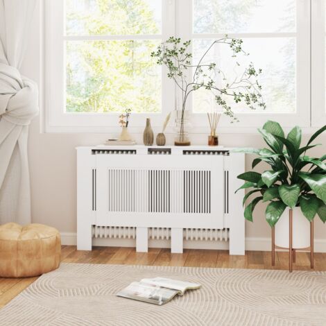 Cache radiateur extensible avec étagère – Dimensions ajustables 125-201 cm – Hauteur 81,5 cm – MDF mélaminé blanc – Fixation anti-bascule