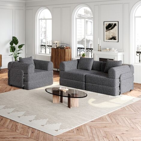 Canapés et canapés-lits 2-en-1 Chenille Gris - Cadre Acier 3 Places - Modular avec Rangement et Anti-dérapant (1/5)