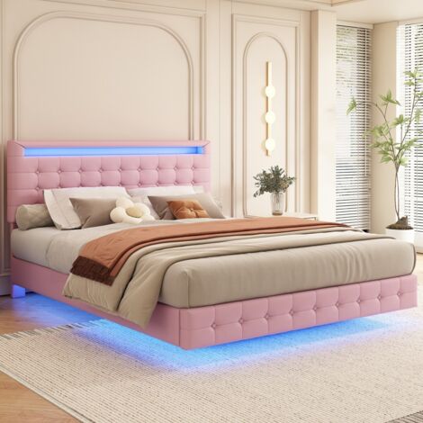 Lit double 140x200cm rose tête de lit réglable LED 3 positions commande filaire/App suspension cadre lattes pu enfant ado (sans Matelas) (1/5)