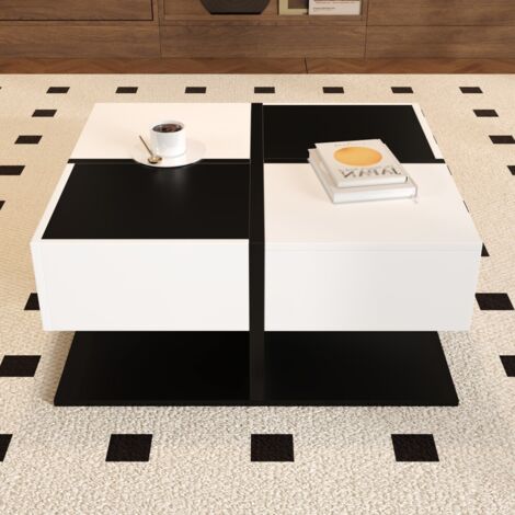 Tables basses moderne noir et blanc-70×70×35,5 cm-2 tiroirs-structure carrée-rangement intégré-surface brillante (1/5)