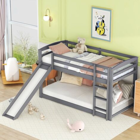 Lit superposé enfant/ado 90x200 avec toboggan - Structure en bois massif - Montage facile - Couleur gris (sans Matelas) (1/5)