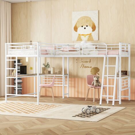 Lit mezzanine 90x200 avec deux lits superposés - Table intégrée et double escalier - Rambarde haute, couleur blanc (Sans matelas) (1/5)