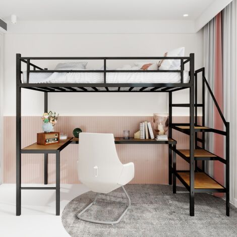 Lit mezzanine avec bureau en L et grand rangement - Cadre robuste, étagères, escalier - Gain de place, silencieux 197x106x175.5 - Noir (sans Matelas) (1/5)