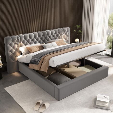 Lit double 160x200 rembourré avec coffre hydraulique, tête de lit LED et lampes. Velours gris, sommier inclus, montage facile (sans Matelas) (1/5)