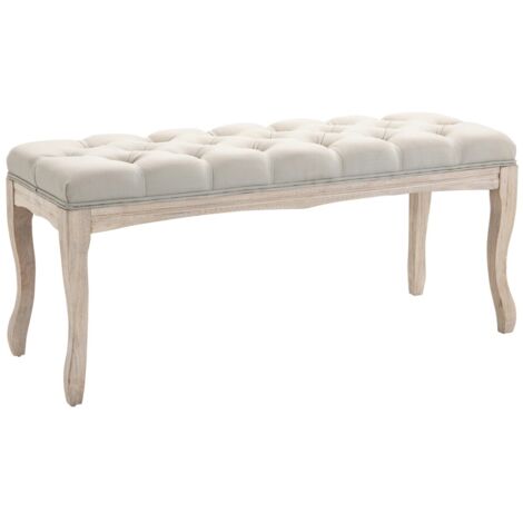 Banc de rangement rembourré style vintage pour chambre et salon, en bois d'hévéa et tissu lin beige. 110 x 40 x 48 cm (1/5)