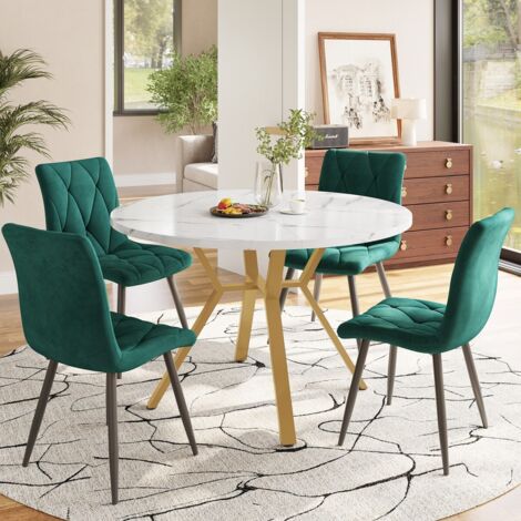 Ensemble salle à manger 5 pièces : table ronde, pieds doré + 4 chaises velours vert. Style moderne et épuré