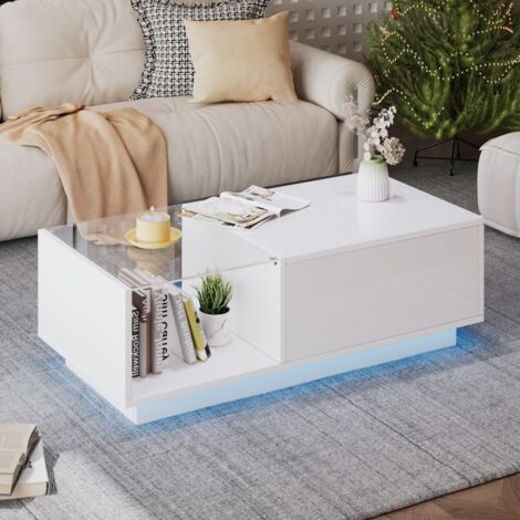 Table basse relevable - Laquée blanc - LED intégrée - Hauteur réglable - Rangement caché - 100x50x33-46.5cm (1/5)