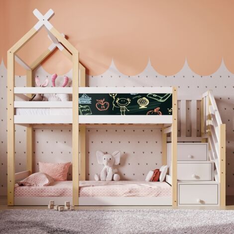 Lit Double Superposé Enfant-Design Maison Arbre-Tableau-Rangement-Barrière Sécurité-Sans Matelas-2x Sommier Lattes-257x96x209(cm) (1/5)
