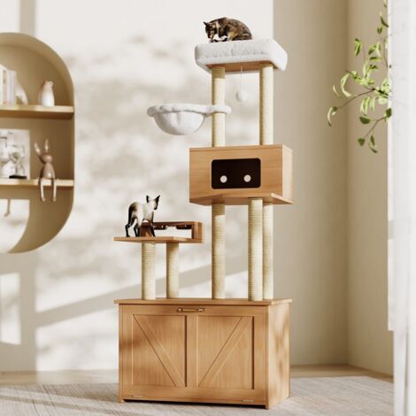 Arbre à chat moderne avec buffet-litière - Grande plateforme - Hamac intégré - Station repas - Noyer 80x50x173(cm)