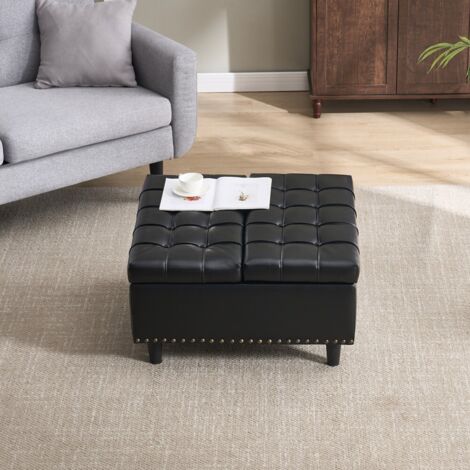 Banc d'entrée coffre rangement carré rembourré PU-Noir avec plateau relevable-Salon/chambre-75x75x41cm (1/5)