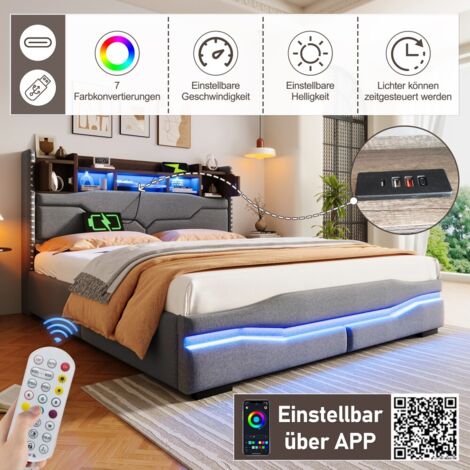 Lit double coffre hydraulique-USB-Tête de lit rangement-LED ambiance-Gris-160x200-Sans Matelas (1/5)