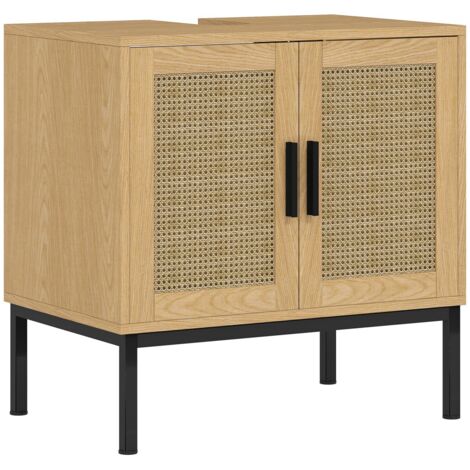 Meuble vasque salle de bain avec rangement. Aspect rotin, couleur chêne. 60x39x60 cm. Anti-basculement inclus (1/5)