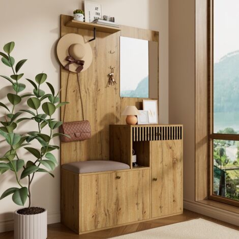 Porte manteau vestiaire-entrée avec miroir et coussin-modulable étagère et rangement chaussures-110x185.5x37(cm) (1/5)