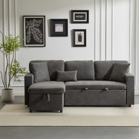 Canapé droit convertible-lit-L avec rangement coffre et étagère-gris foncé-214x131x87(cm) (1/5)