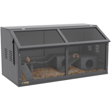 Cage hamster 100x52x50cm bois - Maison rongeurs avec pont suspendu, échelles et toit ouvrant - Gris foncé