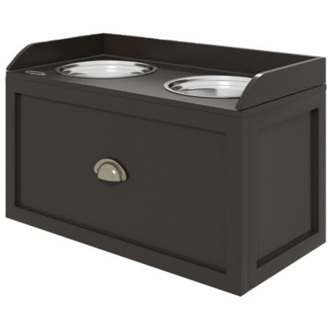 Station d'alimentation surélevée pour chien, 2 gamelles inox, rangement, bois marron 60x30x36cm