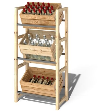 Étagère à boissons en bois naturel 3 caisses, 3 niveaux autoportant, 150 kg, pour bière et eau, 56 x 32 x 112 cm