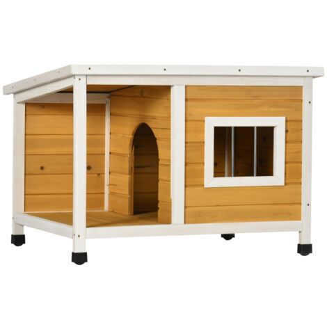 Niche pour chien avec véranda et toit ouvrant, bois naturel orange, pieds réglables 85.5x62x60cm pour extérieur