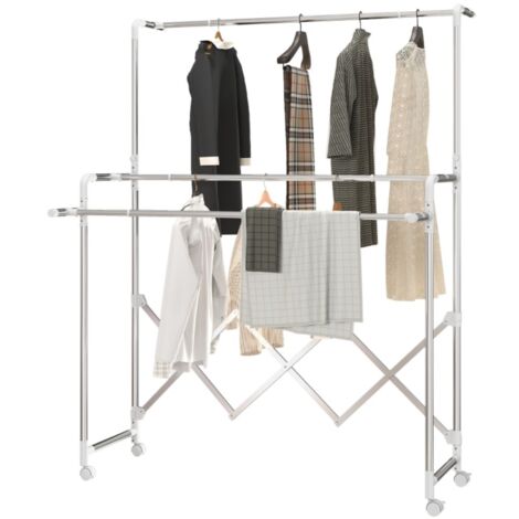 Etendoir à suspendre-3 barres réglables-pliable-portatif-sur roulettes-intérieur-extérieur-acier inoxydable-150x103x197(cm) (1/5)
