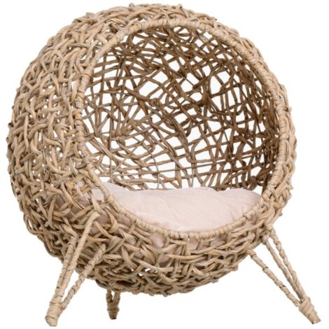 Maisonnette pour chat en rotin surélevée avec coussin et tanière - Décoration naturelle - 52x52x58(cm) (1/5)