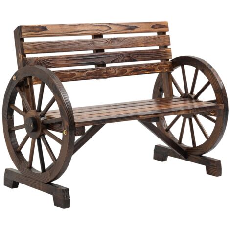 Banc 2 places bois sapin style champêtre, accoudoirs roue de chariot, marron 105.5x56x79 cm (1/5)