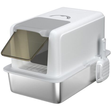 Bac à litière chat avec couvercle, filtre intégré et pelle. Plateau inox, pour chats jusqu'à 6kg. Blanc 40.5x60.5x41.5cm (1/5)