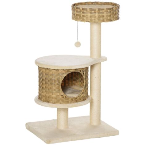 Arbre à chat rotin niche balle jeu petit chat couleur naturelle beige griffoir jouet agilité intérieur confort 55x47x95cm (1/5)