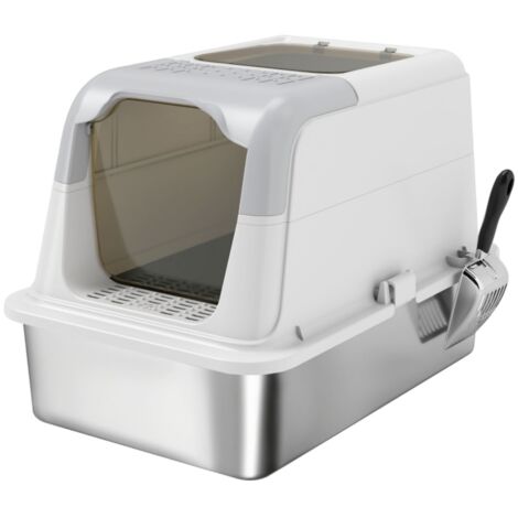 Bac à litière chat couvercle acier inoxydable jusqu'à 15kg, entrée frontale et sortie haut - Toilettes avec pelle incluse 60.4x40.4x41.8cm - Blanc (1/5)