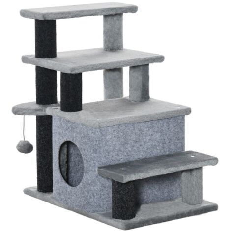 Escalier niche pour chien/chat 60x40x66cm, 3/4 marches avec balle de jeu et revêtement peluche. Structure robuste - Gris