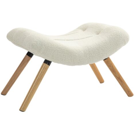 Repose-pieds moderne avec housse polaire et pieds en bois - Capitonné blanc crème pour salon, chambre, couloir 67x45x38cm (1/5)
