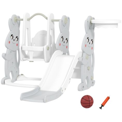 Portique balançoire toboggan 4 en 1 motif lapin gris 160x147.5x107cm - Aire de jeux intérieur/extérieur pour enfants 1.5 à 4 ans (1/5)