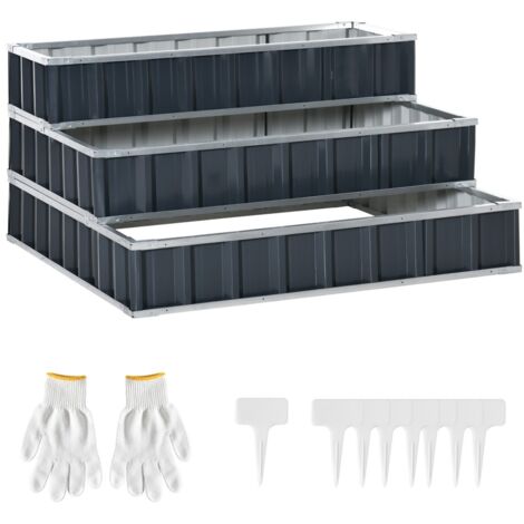 Carré potager surélevé 118x118x62cm, 3 niveaux acier galvanisé gris foncé - Avec étiquettes et gants, pour balcon/jardin résistant aux intempéries (1/5)