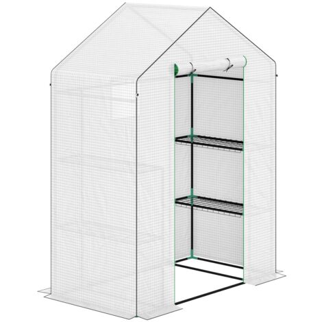 Serre avec porte enroulante fenêtre étagères 143x74x190cm blanche acier film plastique pour tomates légumes balcon jardin (1/5)