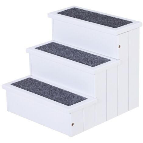 Escalier 3 marches chien chat avec tapis et rangement - Bois sapin blanc 40.5x44.5x38 cm - Pour canapé et lit